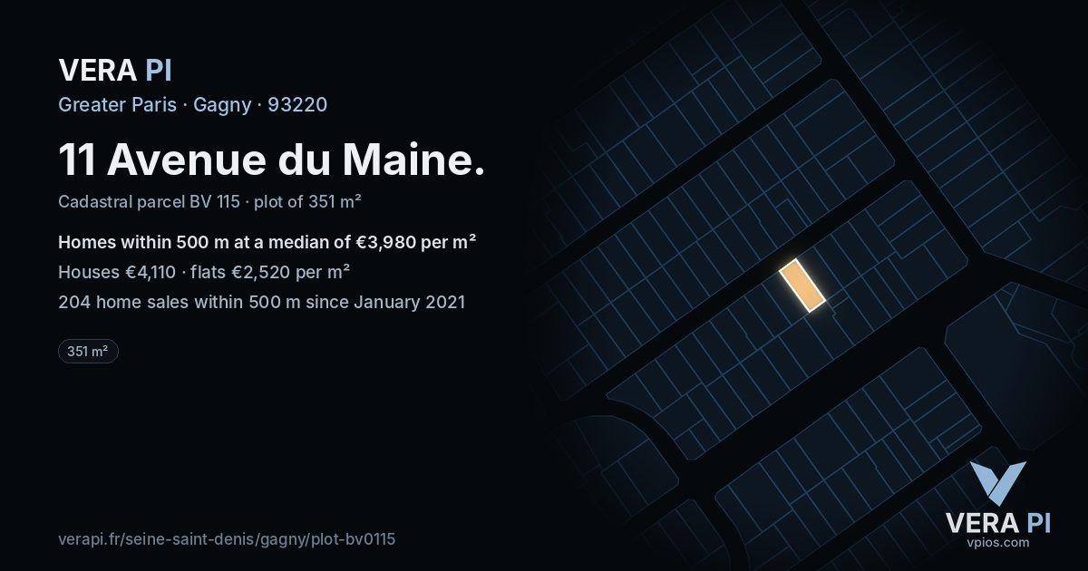 11 Avenue du Maine, Gagny at night – the plot lit, the parcels around coloured by the prices near them