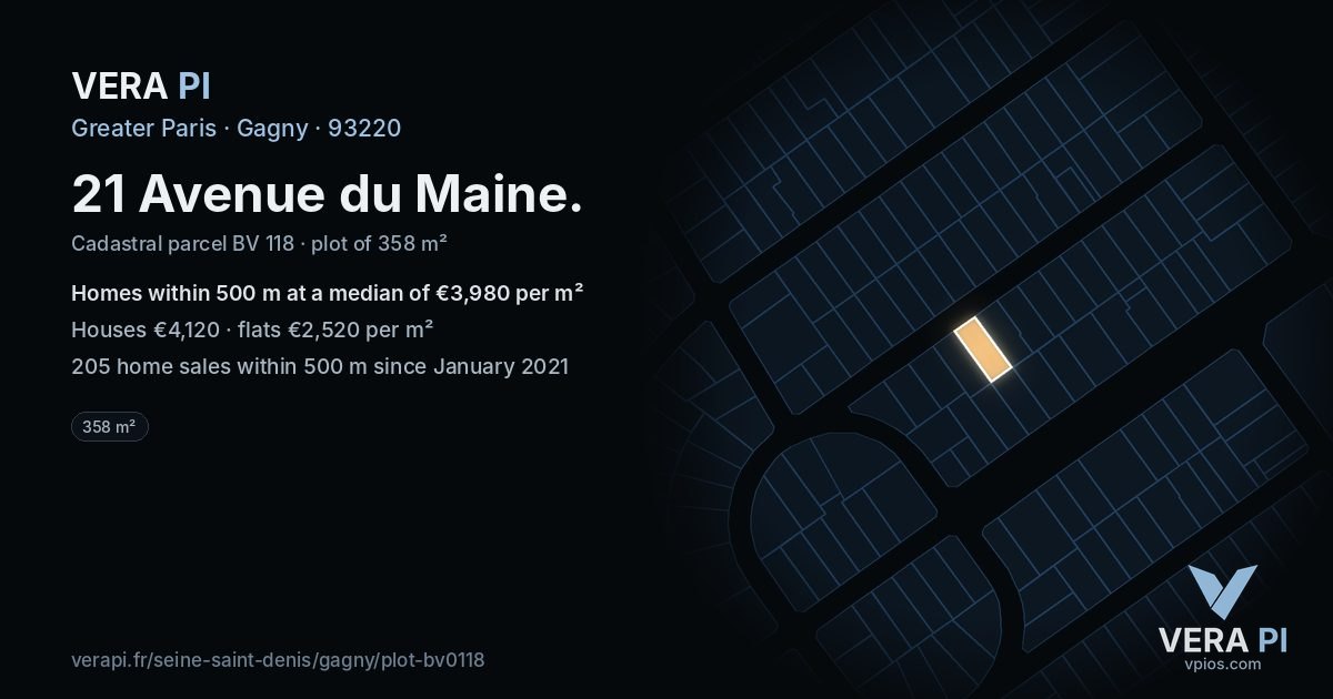 21 Avenue du Maine, Gagny at night – the plot lit, the parcels around coloured by the prices near them