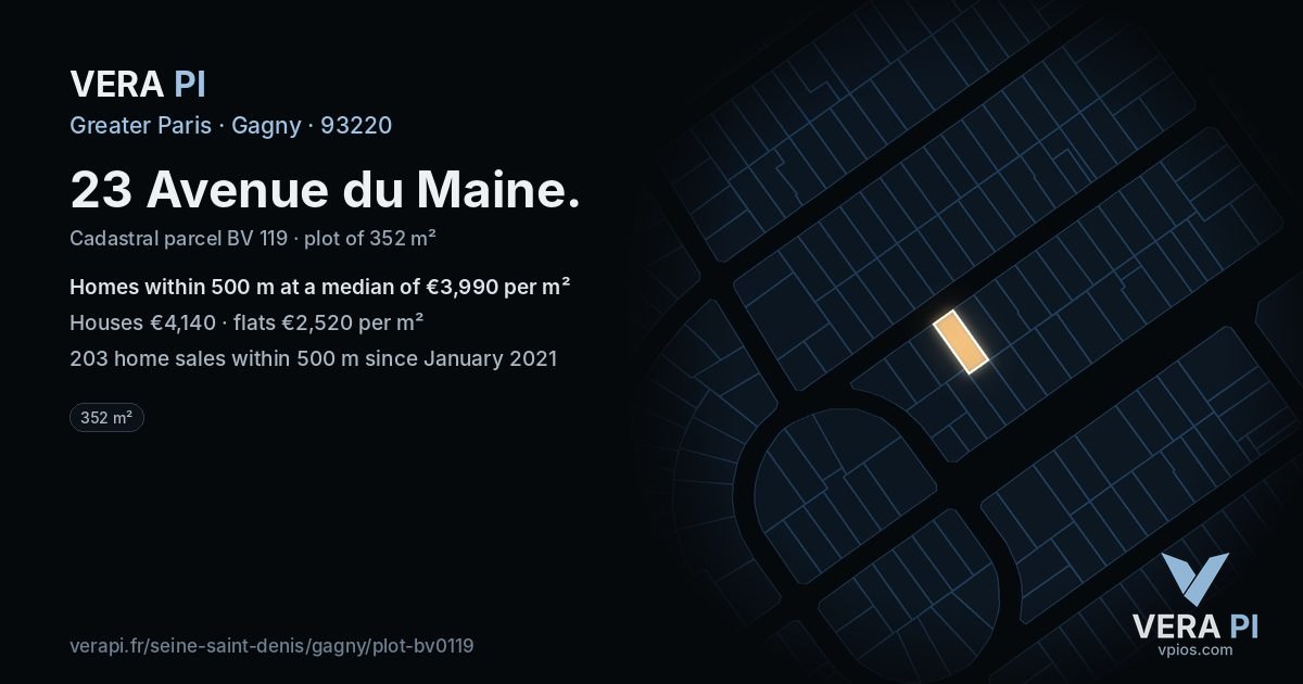 23 Avenue du Maine, Gagny at night – the plot lit, the parcels around coloured by the prices near them