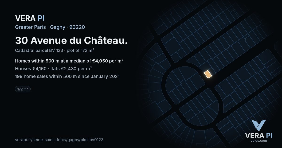 30 Avenue du Château, Gagny at night – the plot lit, the parcels around coloured by the prices near them