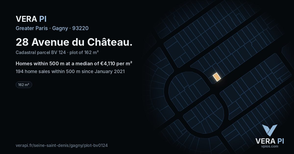 28 Avenue du Château, Gagny at night – the plot lit, the parcels around coloured by the prices near them