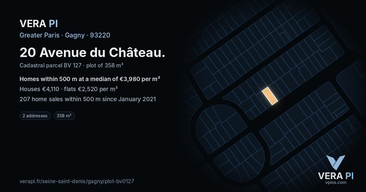 20 Avenue du Château, Gagny at night – the plot lit, the parcels around coloured by the prices near them