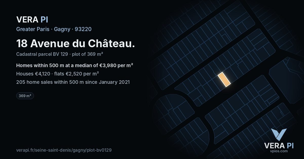 18 Avenue du Château, Gagny at night – the plot lit, the parcels around coloured by the prices near them