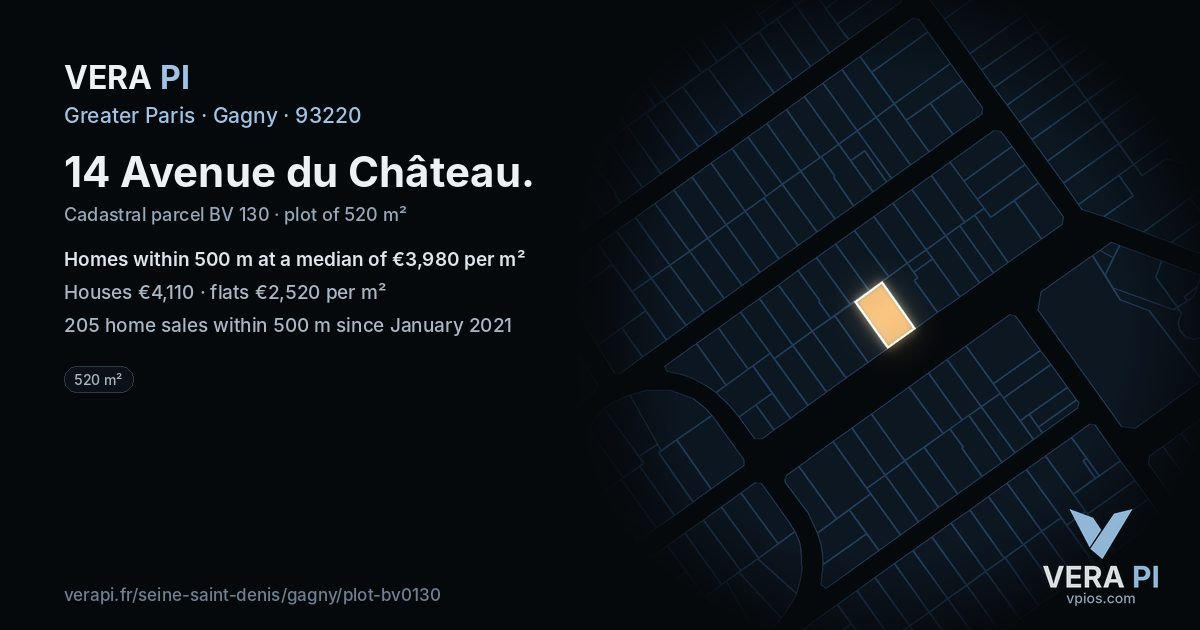 14 Avenue du Château, Gagny at night – the plot lit, the parcels around coloured by the prices near them