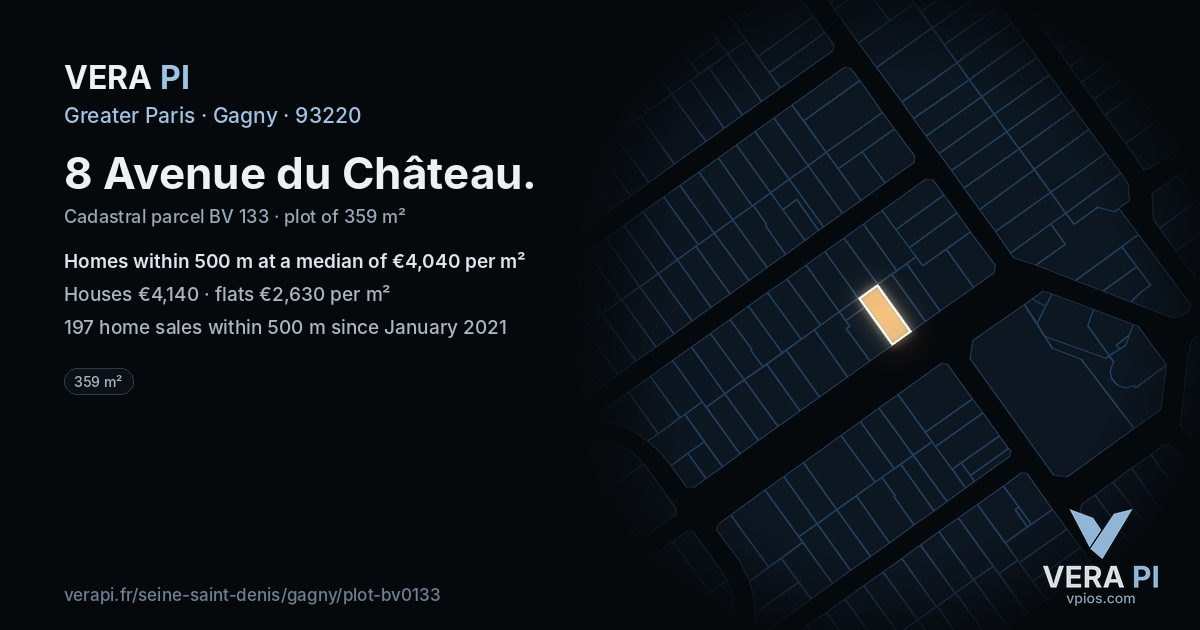 8 Avenue du Château, Gagny at night – the plot lit, the parcels around coloured by the prices near them