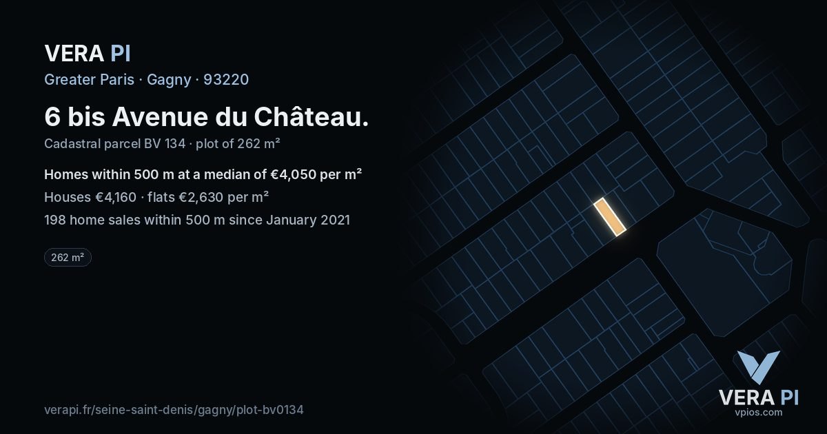 6 bis Avenue du Château, Gagny at night – the plot lit, the parcels around coloured by the prices near them