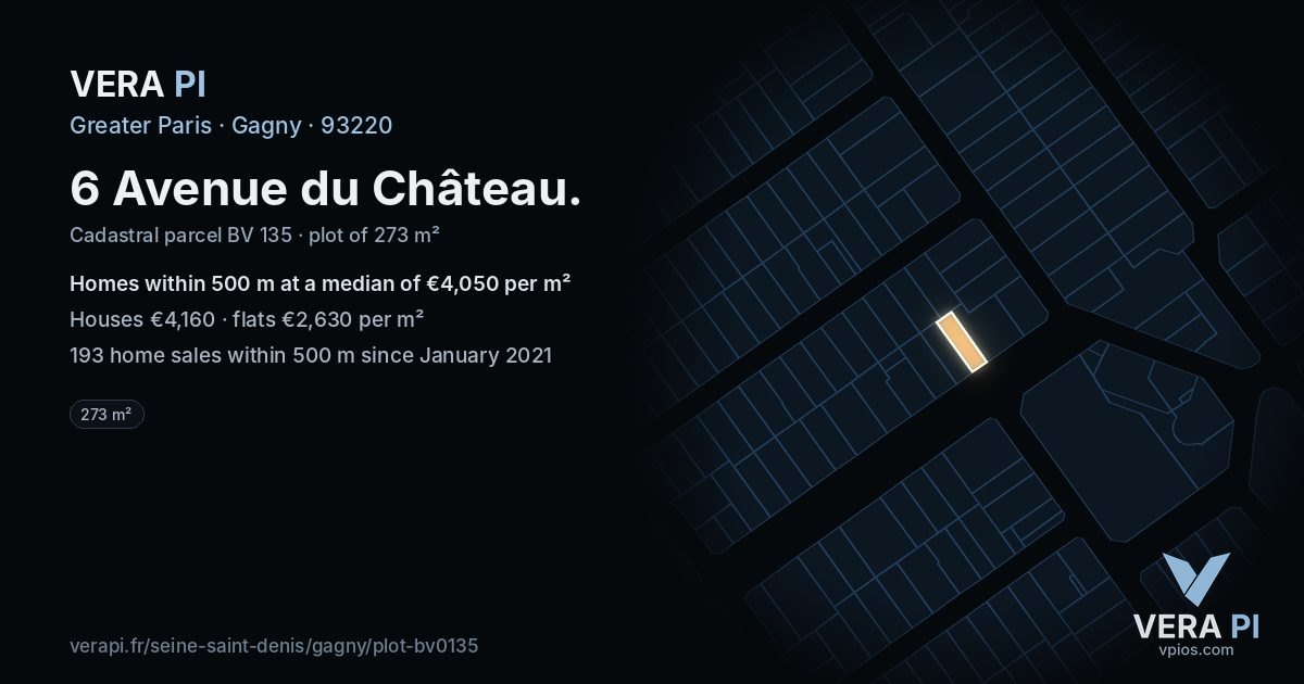 6 Avenue du Château, Gagny at night – the plot lit, the parcels around coloured by the prices near them