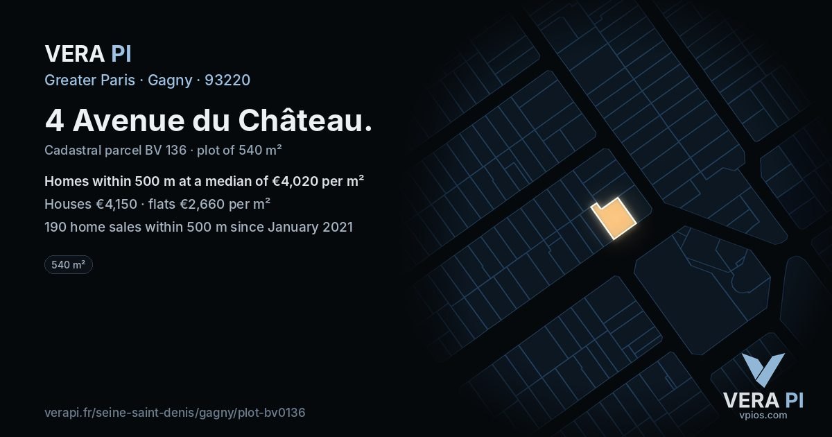 4 Avenue du Château, Gagny at night – the plot lit, the parcels around coloured by the prices near them