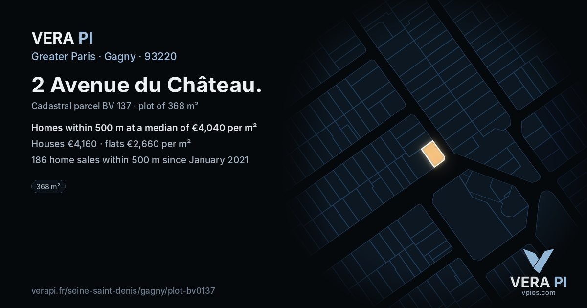 2 Avenue du Château, Gagny at night – the plot lit, the parcels around coloured by the prices near them