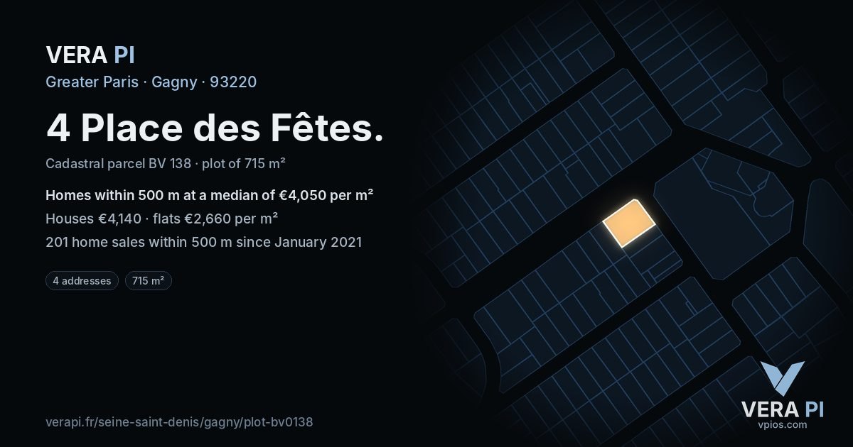 4 Place des Fêtes, Gagny at night – the plot lit, the parcels around coloured by the prices near them
