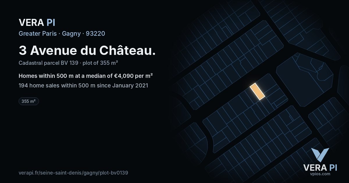 3 Avenue du Château, Gagny at night – the plot lit, the parcels around coloured by the prices near them