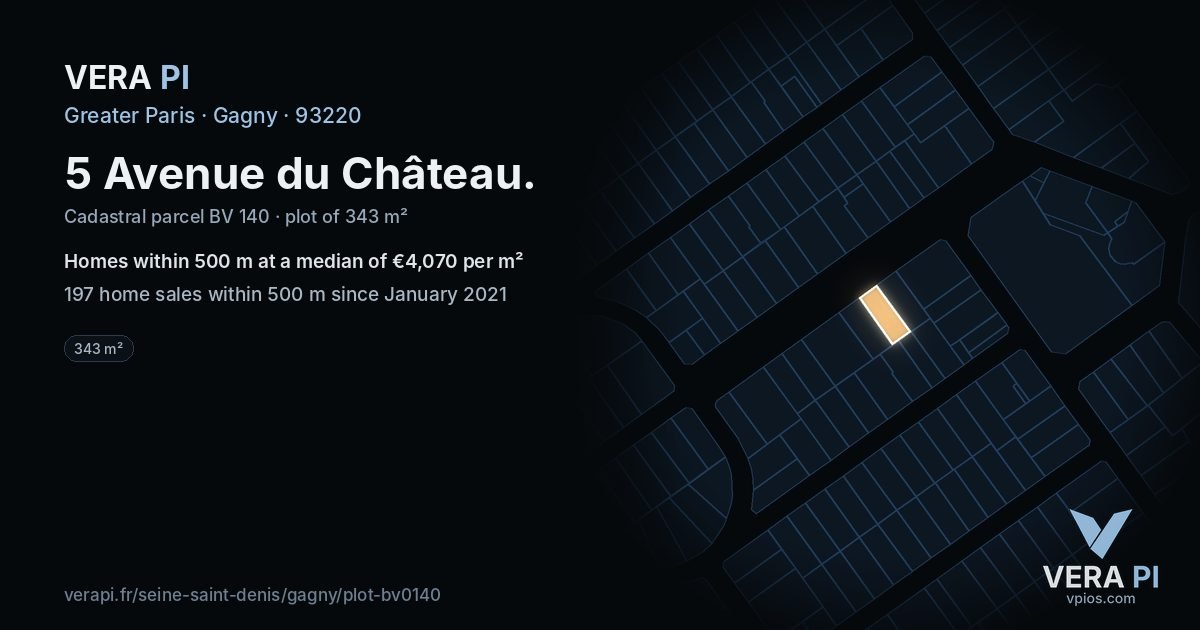 5 Avenue du Château, Gagny at night – the plot lit, the parcels around coloured by the prices near them