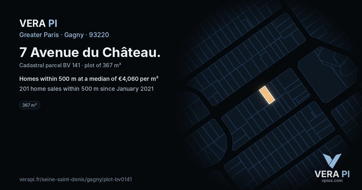 7 Avenue du Château, Gagny at night – the plot lit, the parcels around coloured by the prices near them