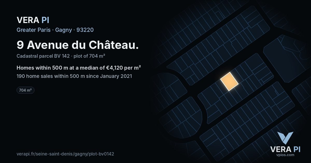 9 Avenue du Château, Gagny at night – the plot lit, the parcels around coloured by the prices near them