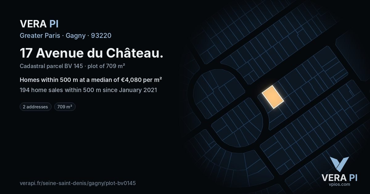 17 Avenue du Château, Gagny at night – the plot lit, the parcels around coloured by the prices near them