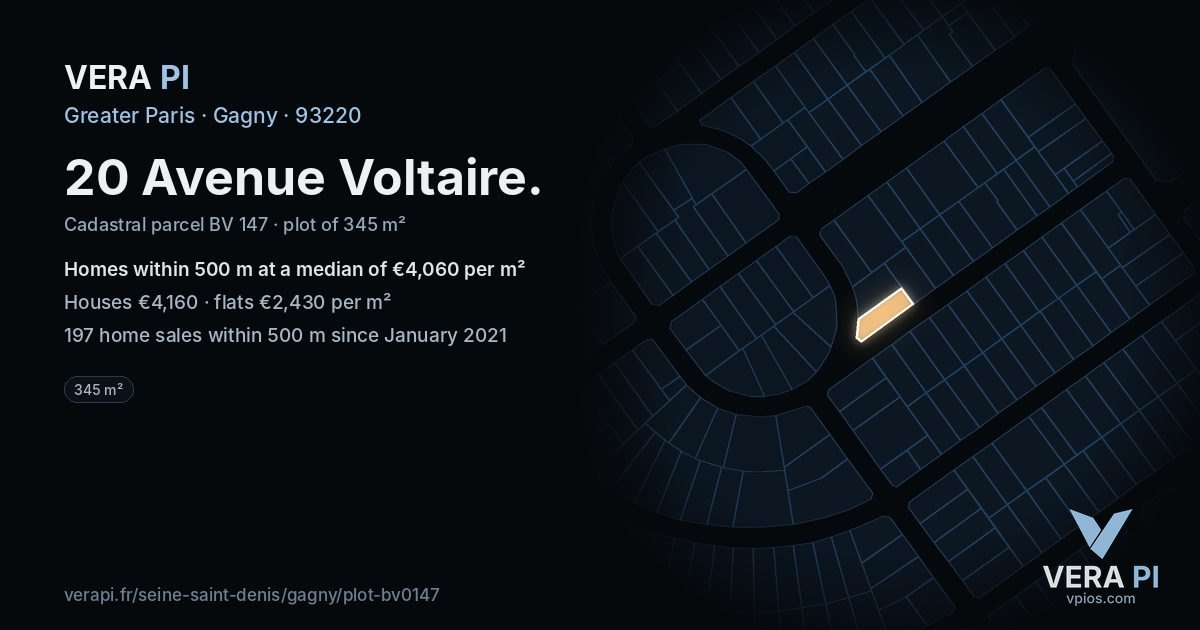 20 Avenue Voltaire, Gagny at night – the plot lit, the parcels around coloured by the prices near them