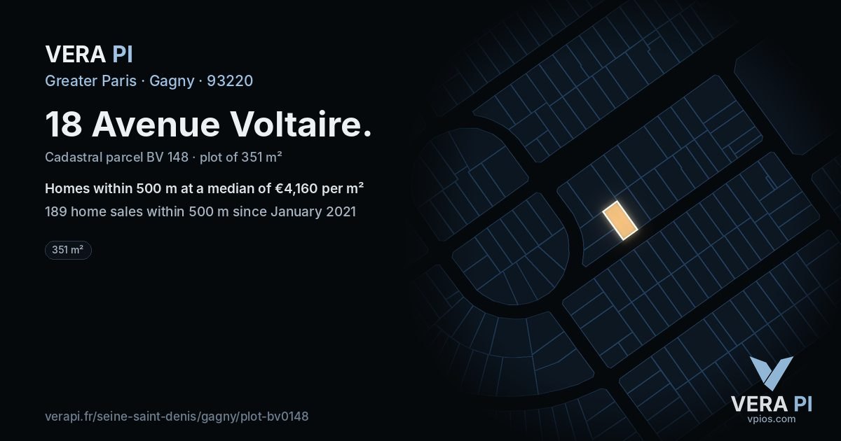 18 Avenue Voltaire, Gagny at night – the plot lit, the parcels around coloured by the prices near them