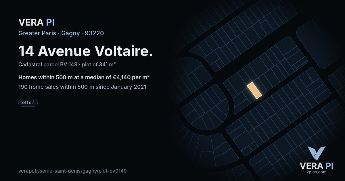 14 Avenue Voltaire, Gagny at night – the plot lit, the parcels around coloured by the prices near them