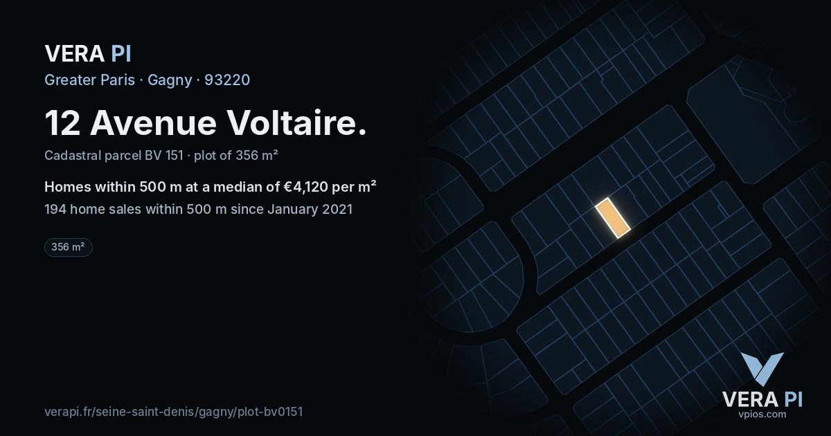 12 Avenue Voltaire, Gagny at night – the plot lit, the parcels around coloured by the prices near them