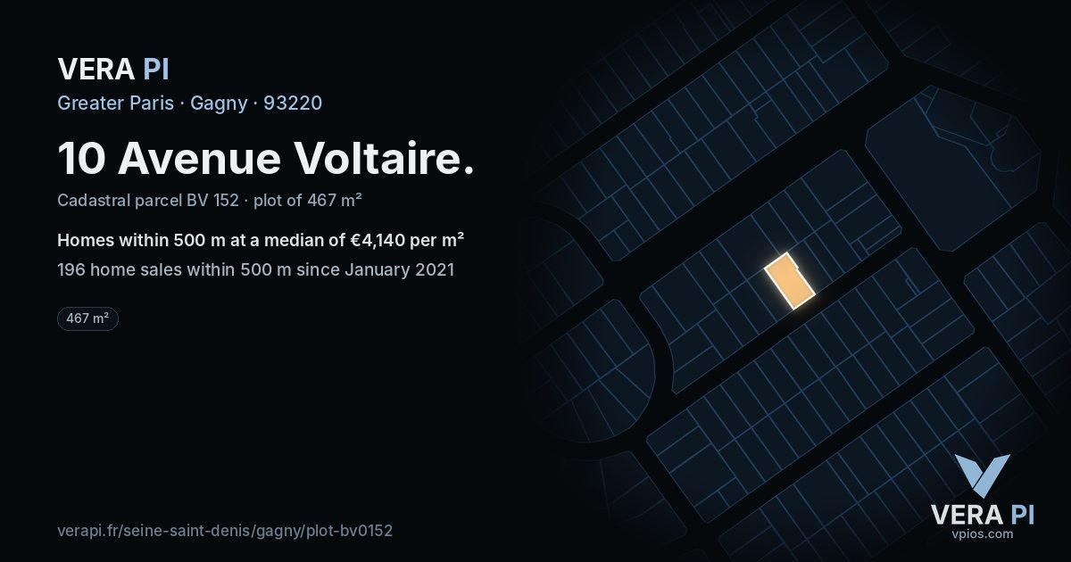 10 Avenue Voltaire, Gagny at night – the plot lit, the parcels around coloured by the prices near them