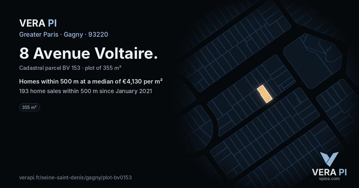 8 Avenue Voltaire, Gagny at night – the plot lit, the parcels around coloured by the prices near them