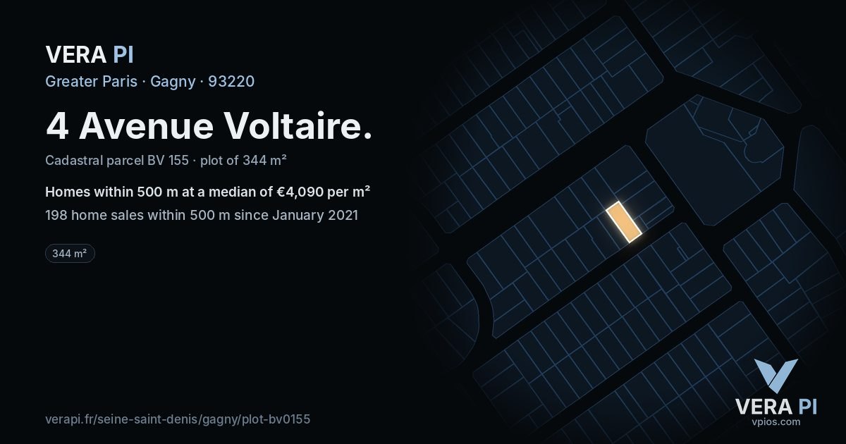 4 Avenue Voltaire, Gagny at night – the plot lit, the parcels around coloured by the prices near them