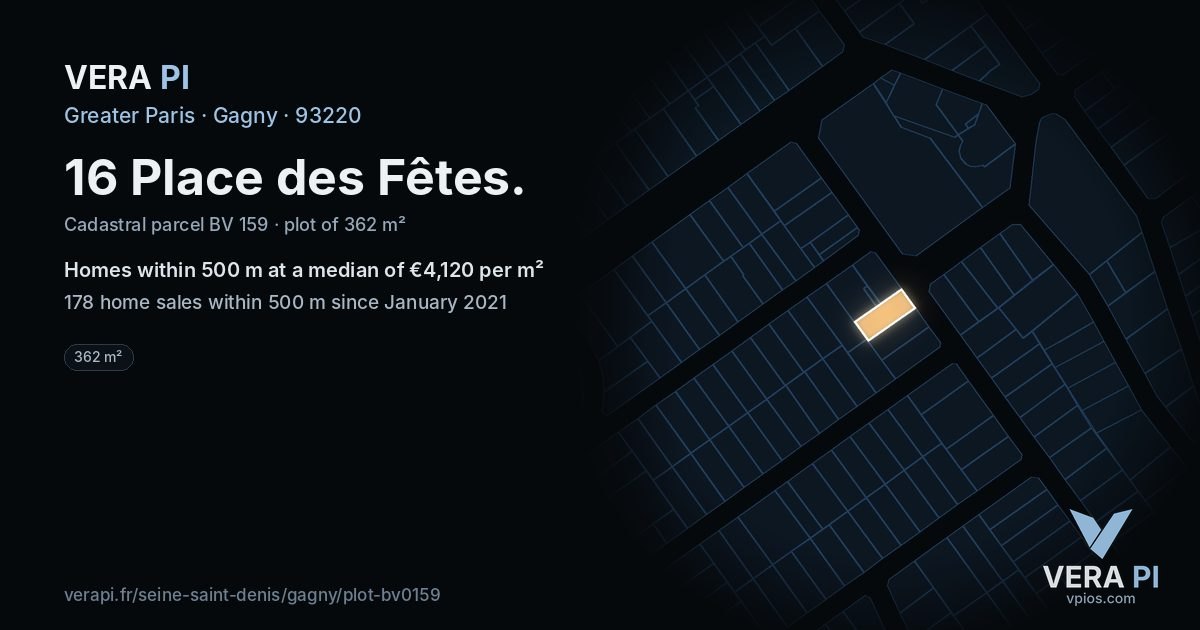 16 Place des Fêtes, Gagny at night – the plot lit, the parcels around coloured by the prices near them