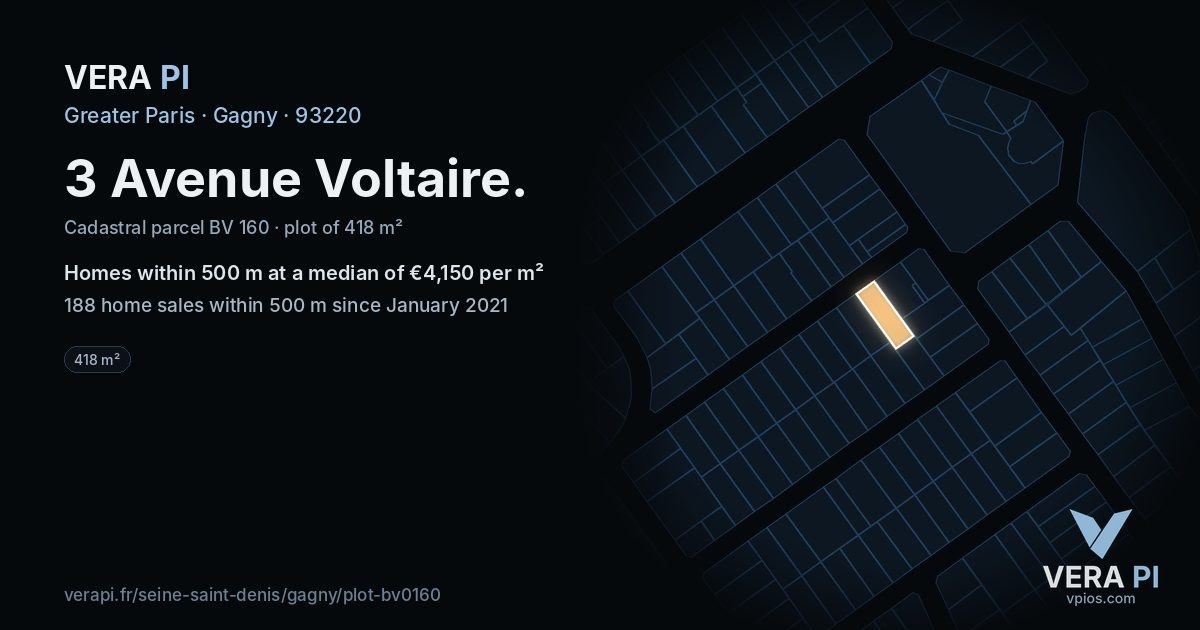 3 Avenue Voltaire, Gagny at night – the plot lit, the parcels around coloured by the prices near them