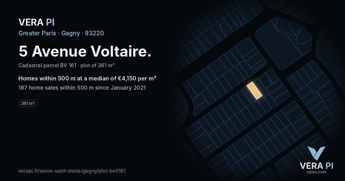 5 Avenue Voltaire, Gagny at night – the plot lit, the parcels around coloured by the prices near them