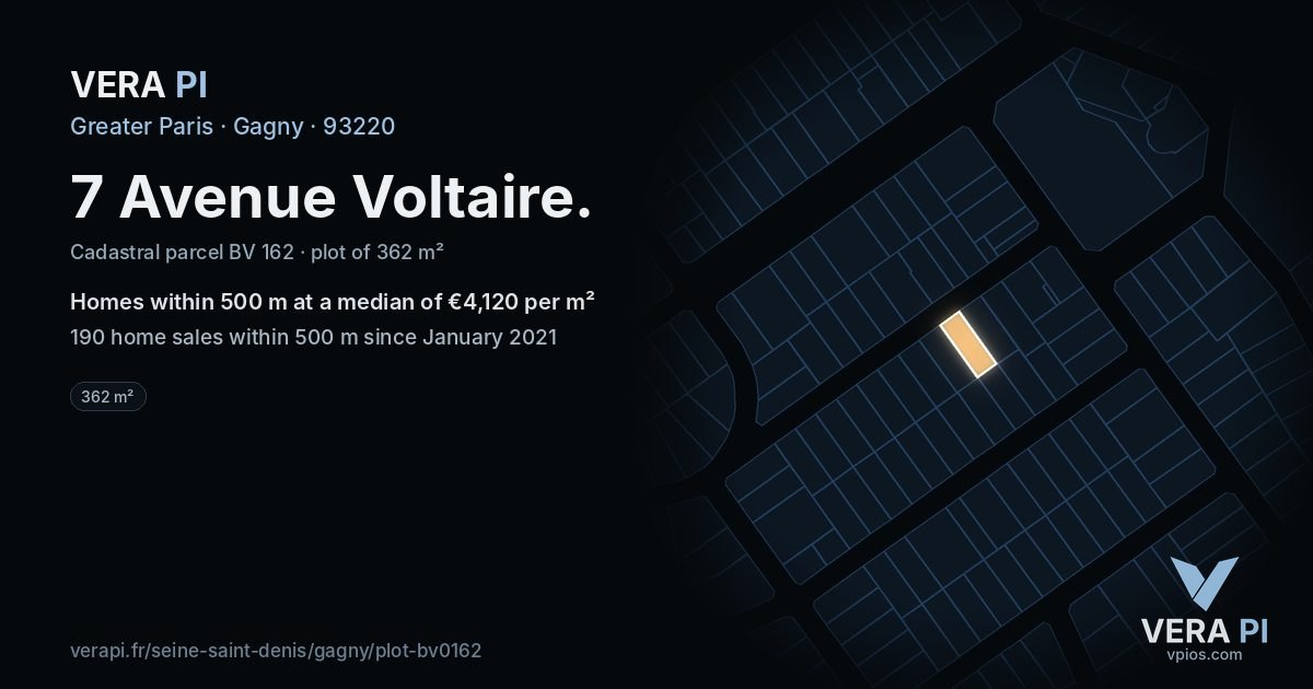 7 Avenue Voltaire, Gagny at night – the plot lit, the parcels around coloured by the prices near them