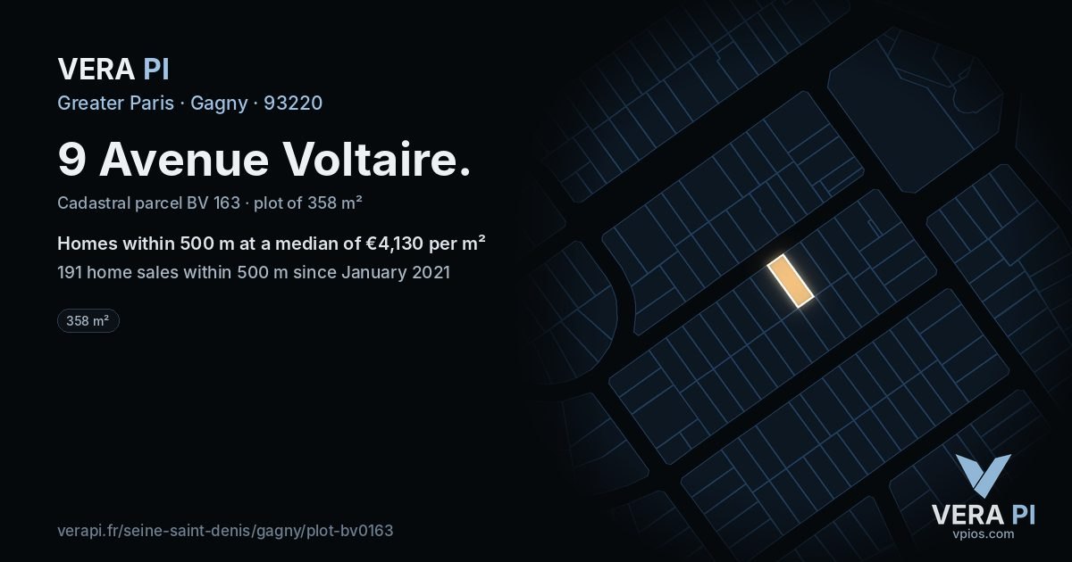 9 Avenue Voltaire, Gagny at night – the plot lit, the parcels around coloured by the prices near them