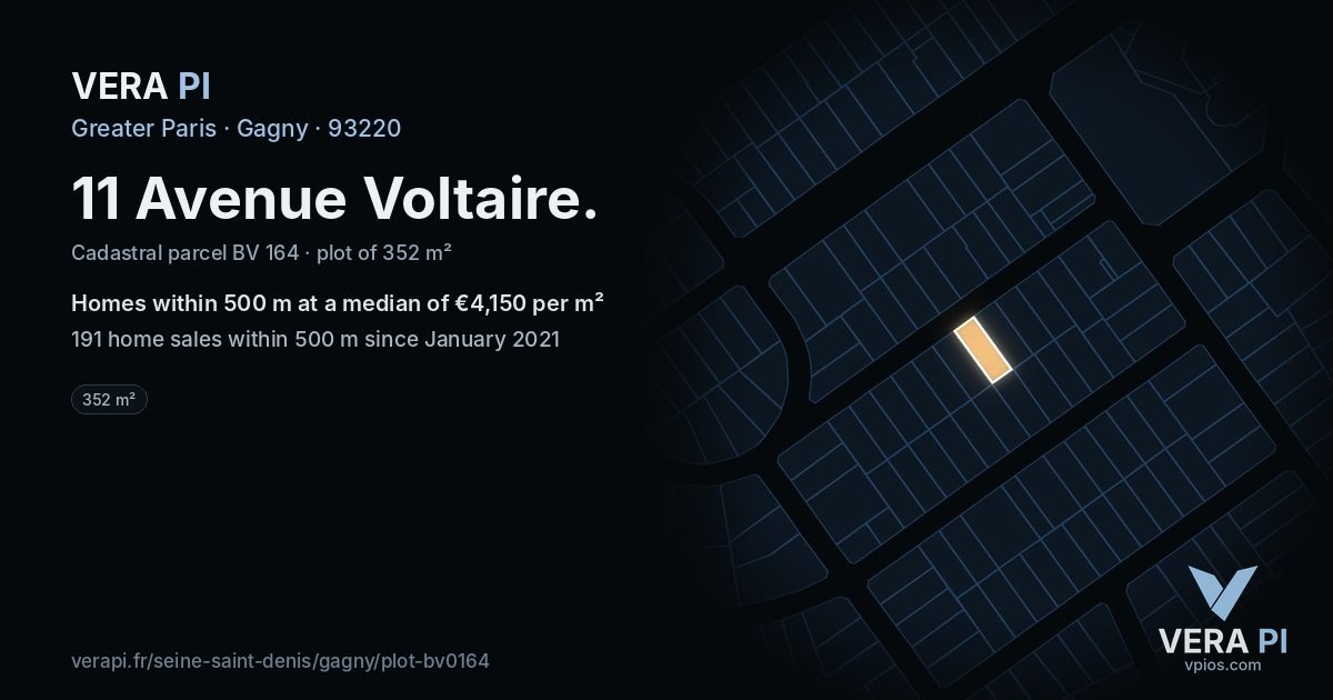 11 Avenue Voltaire, Gagny at night – the plot lit, the parcels around coloured by the prices near them