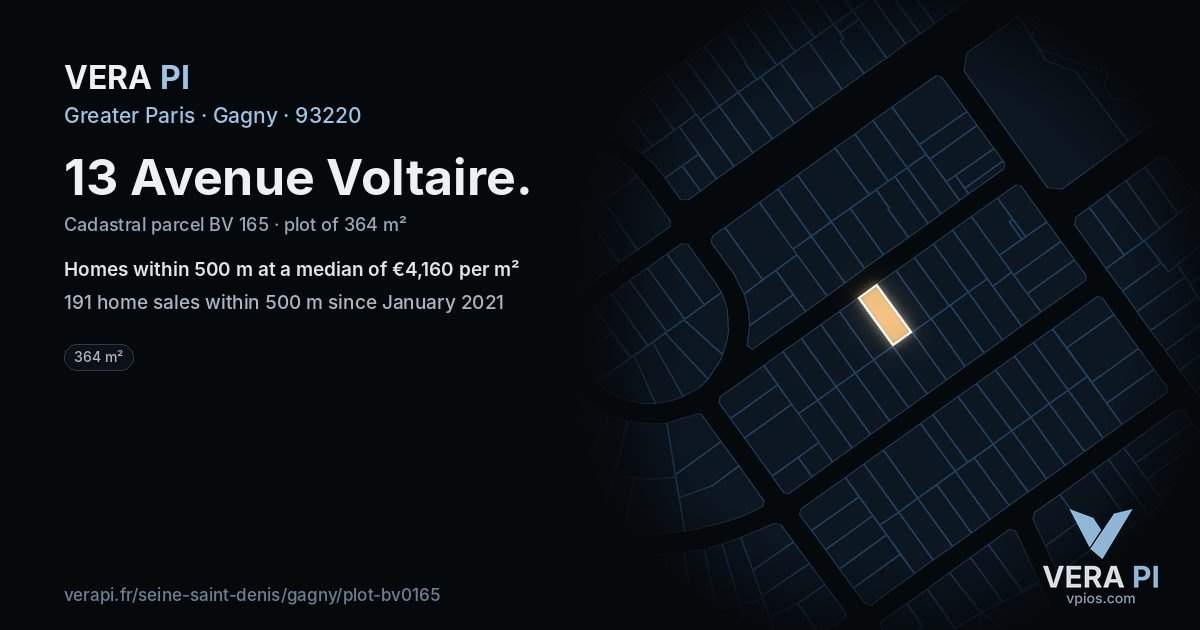 13 Avenue Voltaire, Gagny at night – the plot lit, the parcels around coloured by the prices near them