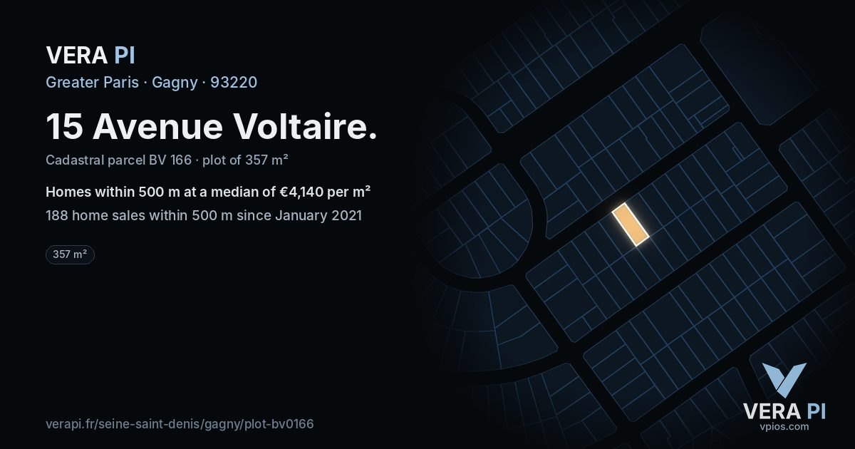 15 Avenue Voltaire, Gagny at night – the plot lit, the parcels around coloured by the prices near them