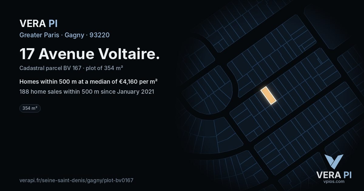 17 Avenue Voltaire, Gagny at night – the plot lit, the parcels around coloured by the prices near them
