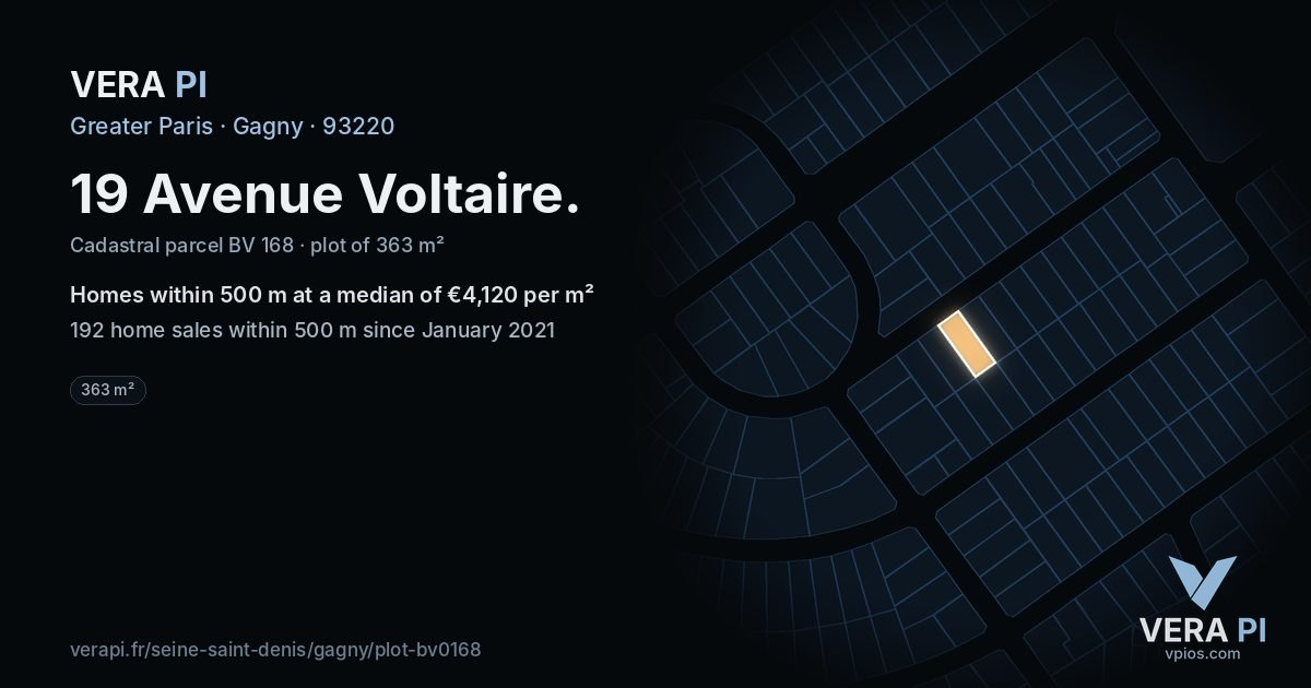 19 Avenue Voltaire, Gagny at night – the plot lit, the parcels around coloured by the prices near them