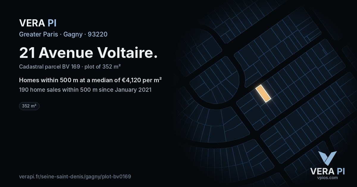21 Avenue Voltaire, Gagny at night – the plot lit, the parcels around coloured by the prices near them