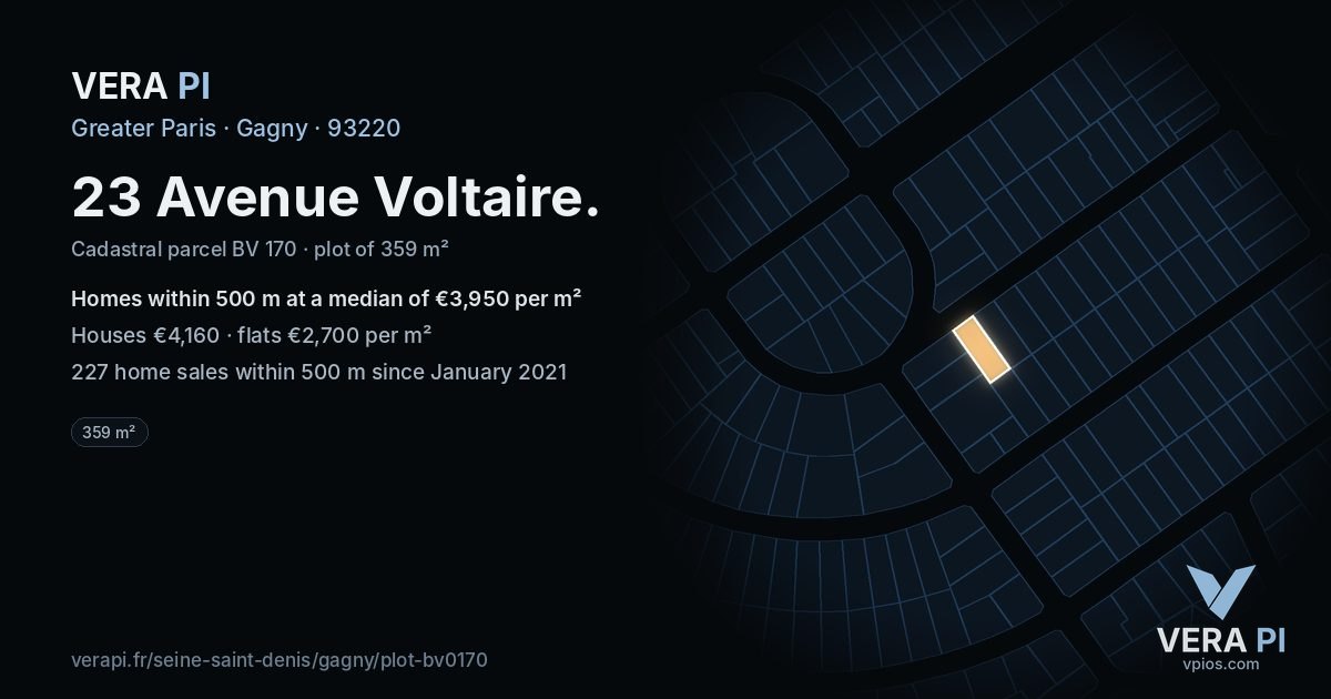 23 Avenue Voltaire, Gagny at night – the plot lit, the parcels around coloured by the prices near them