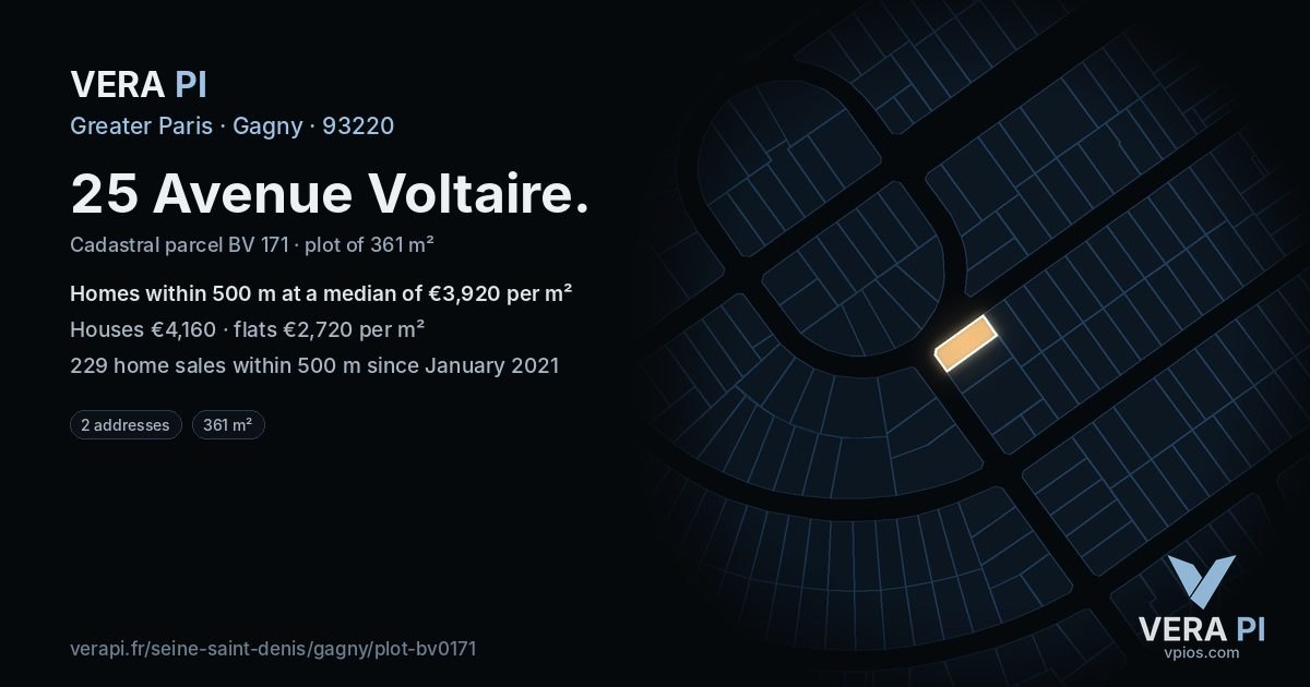 25 Avenue Voltaire, Gagny at night – the plot lit, the parcels around coloured by the prices near them