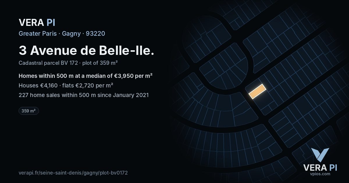 3 Avenue de Belle-Ile, Gagny at night – the plot lit, the parcels around coloured by the prices near them