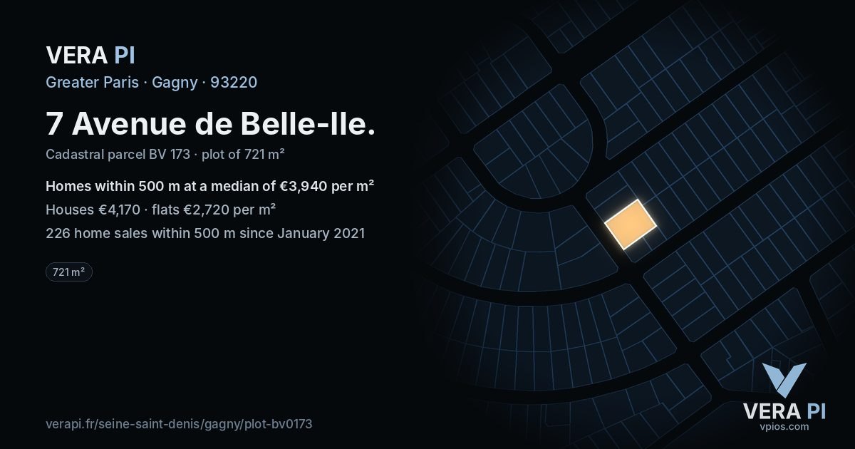 7 Avenue de Belle-Ile, Gagny at night – the plot lit, the parcels around coloured by the prices near them