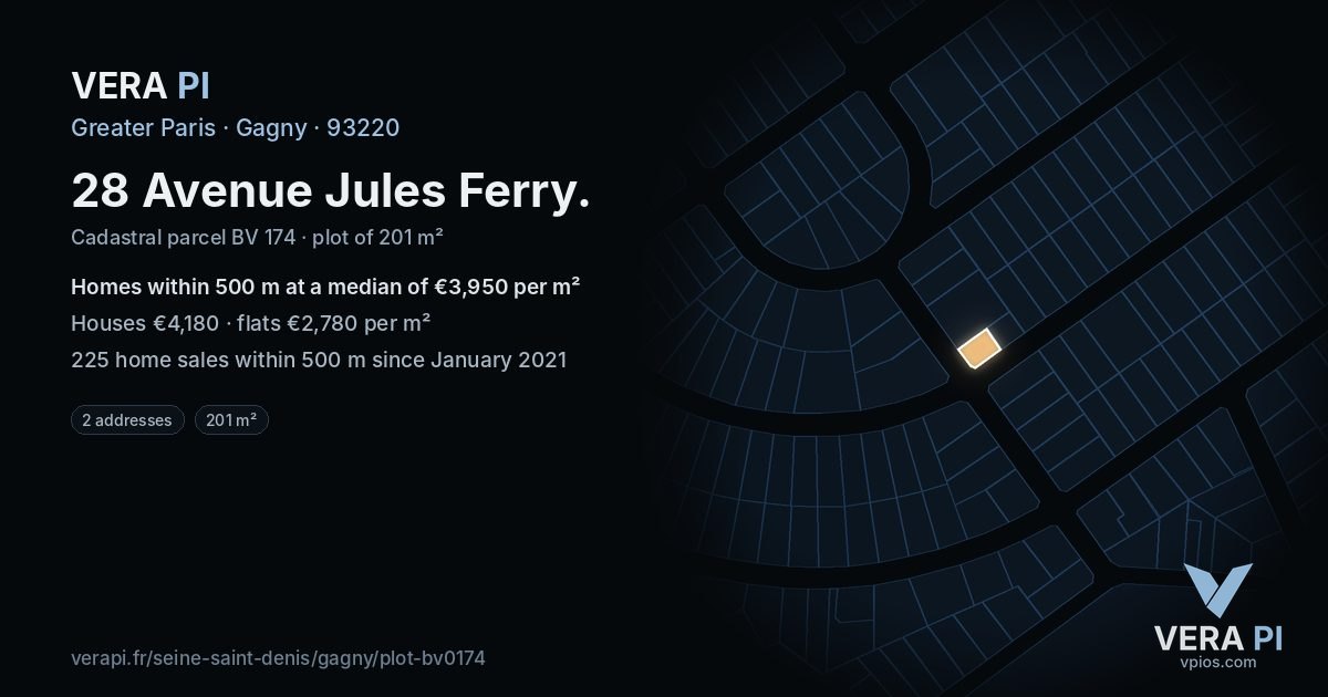 28 Avenue Jules Ferry, Gagny at night – the plot lit, the parcels around coloured by the prices near them