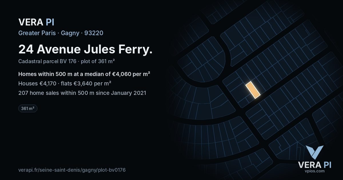 24 Avenue Jules Ferry, Gagny at night – the plot lit, the parcels around coloured by the prices near them