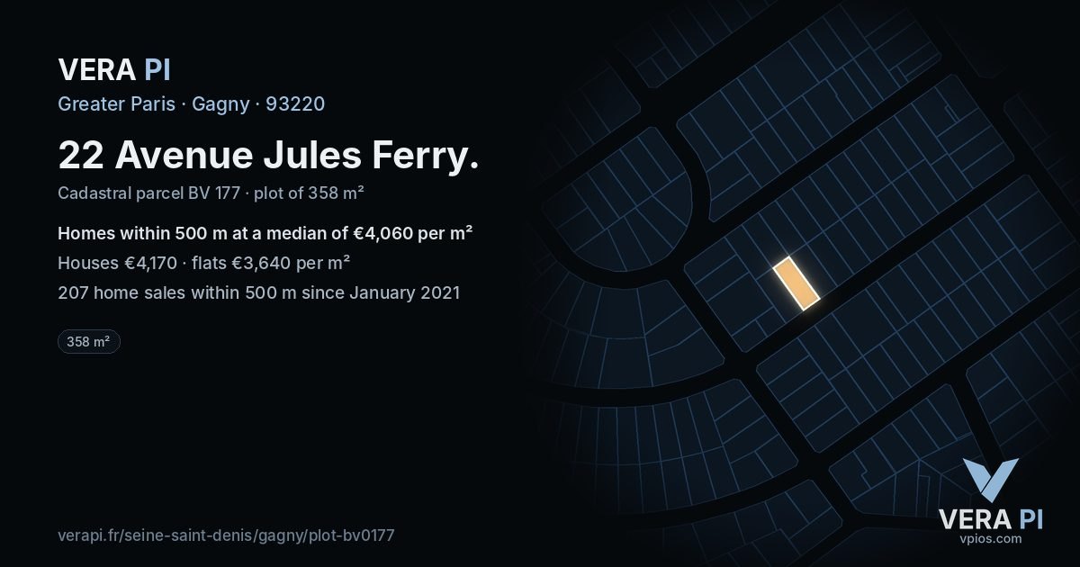 22 Avenue Jules Ferry, Gagny at night – the plot lit, the parcels around coloured by the prices near them