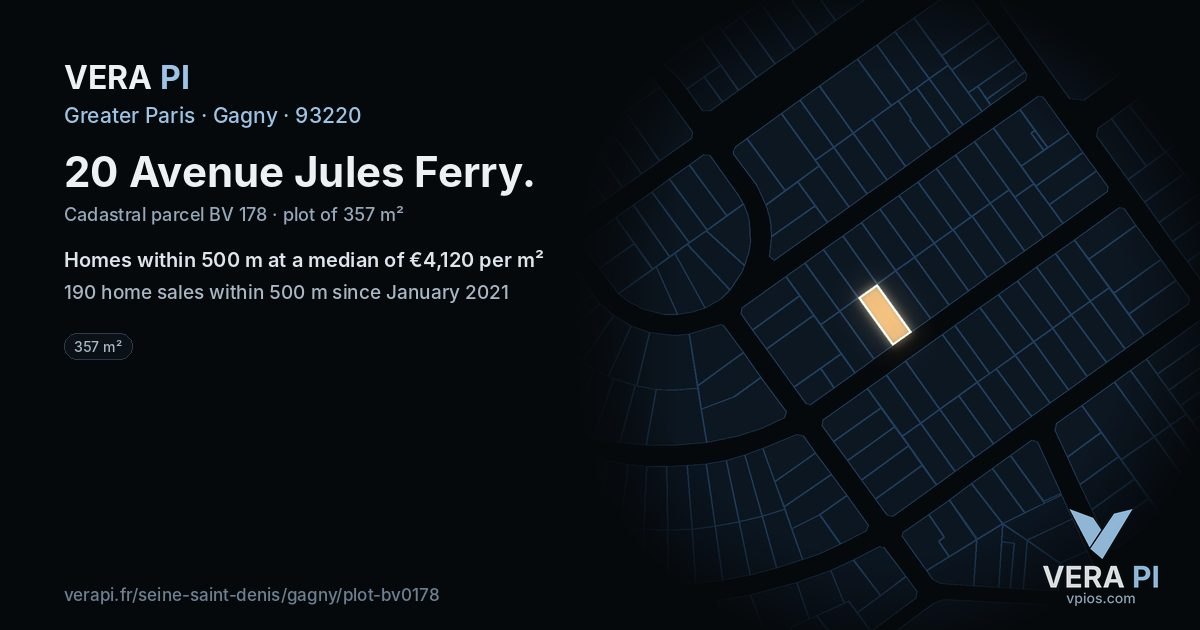 20 Avenue Jules Ferry, Gagny at night – the plot lit, the parcels around coloured by the prices near them