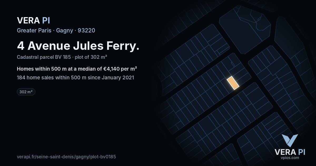 4 Avenue Jules Ferry, Gagny at night – the plot lit, the parcels around coloured by the prices near them