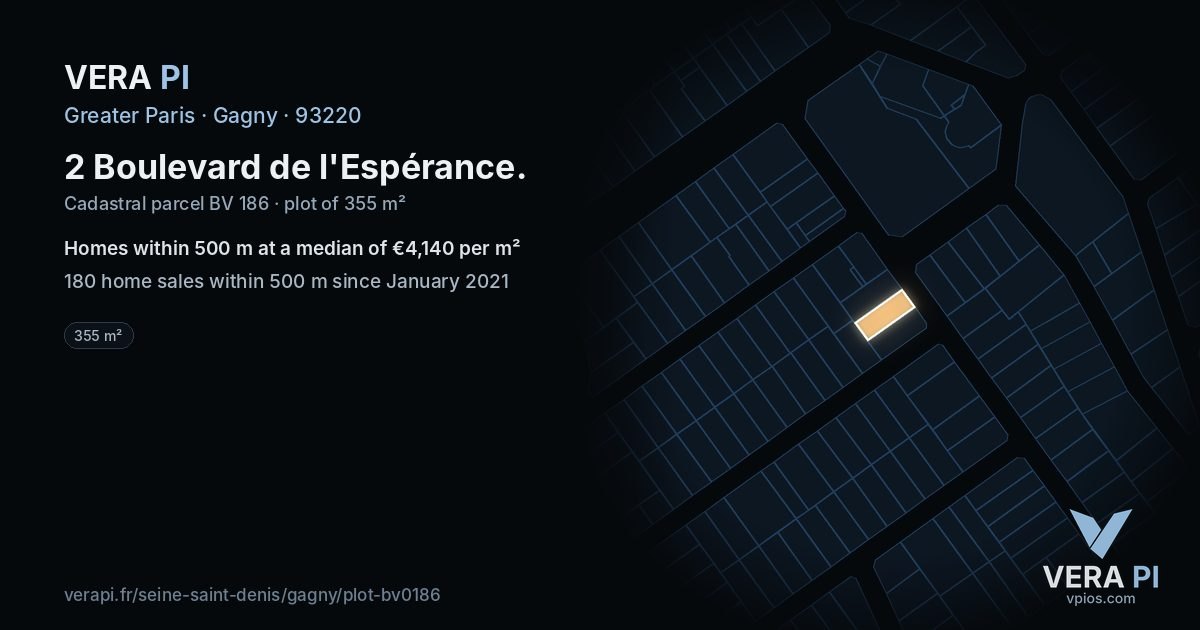 2 Boulevard de l'Espérance, Gagny at night – the plot lit, the parcels around coloured by the prices near them