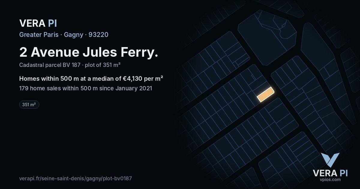 2 Avenue Jules Ferry, Gagny at night – the plot lit, the parcels around coloured by the prices near them
