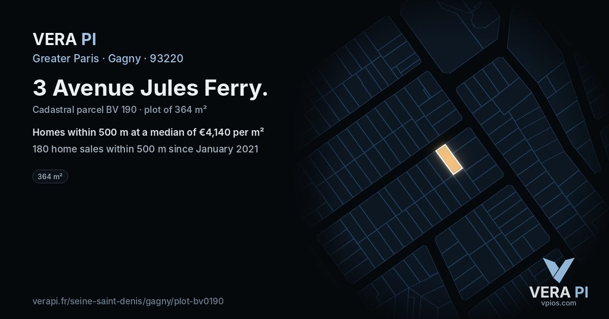 3 Avenue Jules Ferry, Gagny at night – the plot lit, the parcels around coloured by the prices near them