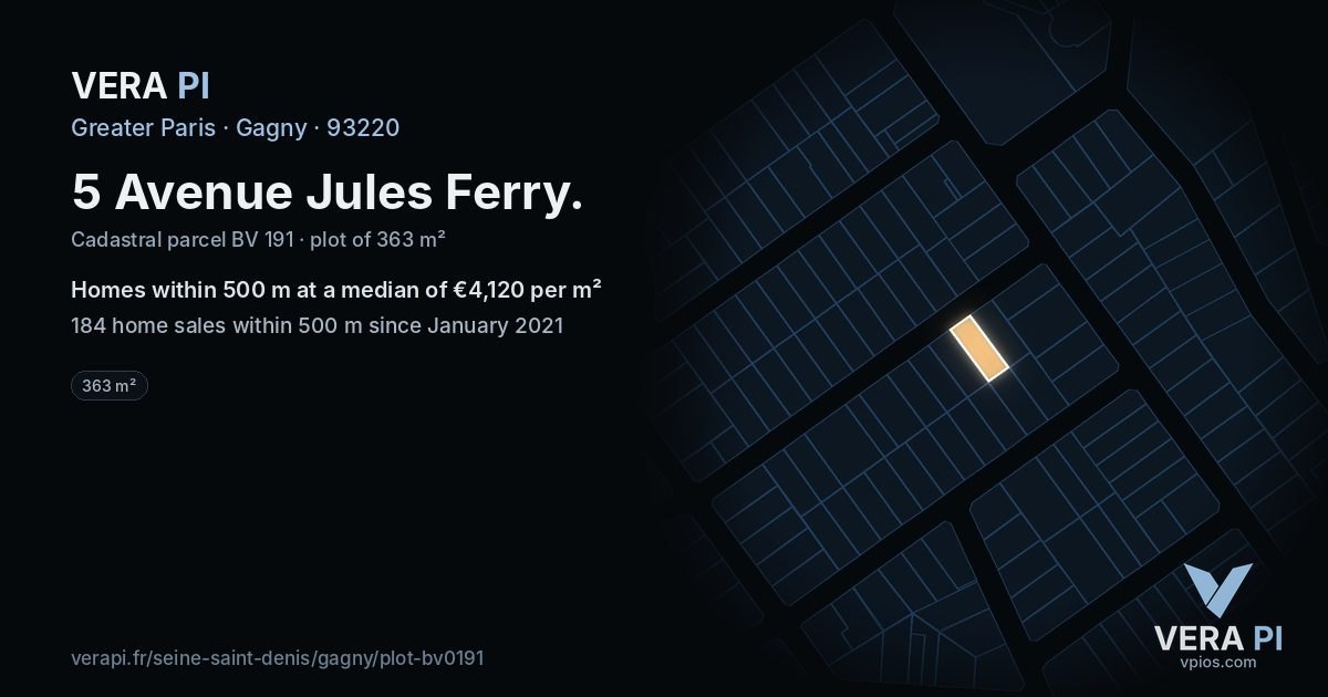 5 Avenue Jules Ferry, Gagny at night – the plot lit, the parcels around coloured by the prices near them